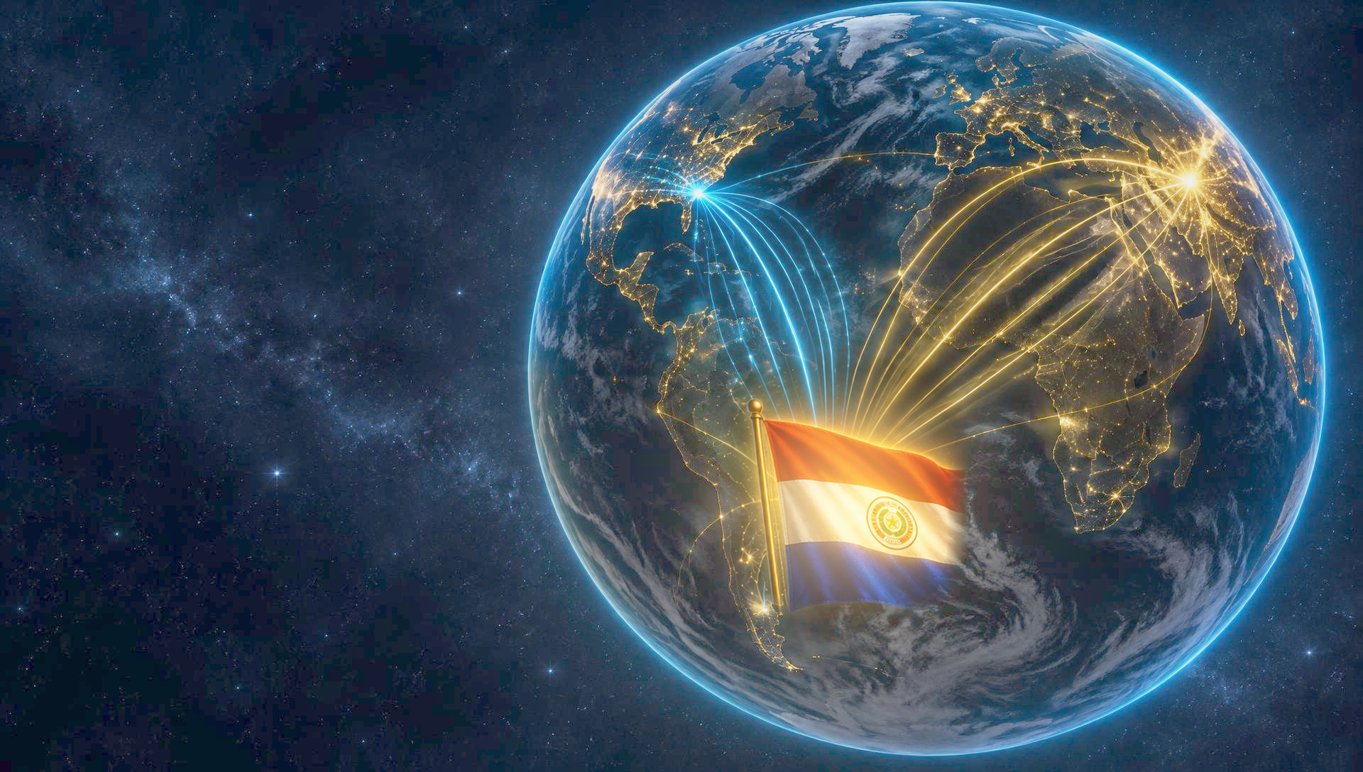 Globo terrestre com rotas luminosas da China e de Miami convergindo para o Paraguai, marcado pela bandeira paraguaia